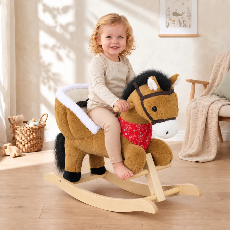 AIYAPLAY Rocking Horse Toy for Toddlers, Plush Ride on Horse with Seat Belt, Lifelike Neigh, Pretend Play Toy for 18-36 M, Brown