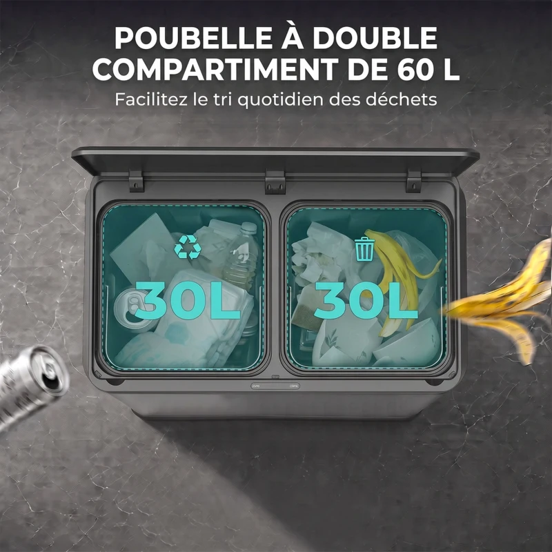 HOMCOM Poubelle de Cuisine Automatique 60 L, Poubelle à Double Compartiment, Capteur de Mouvement, Seaux Amovibles, Argent
