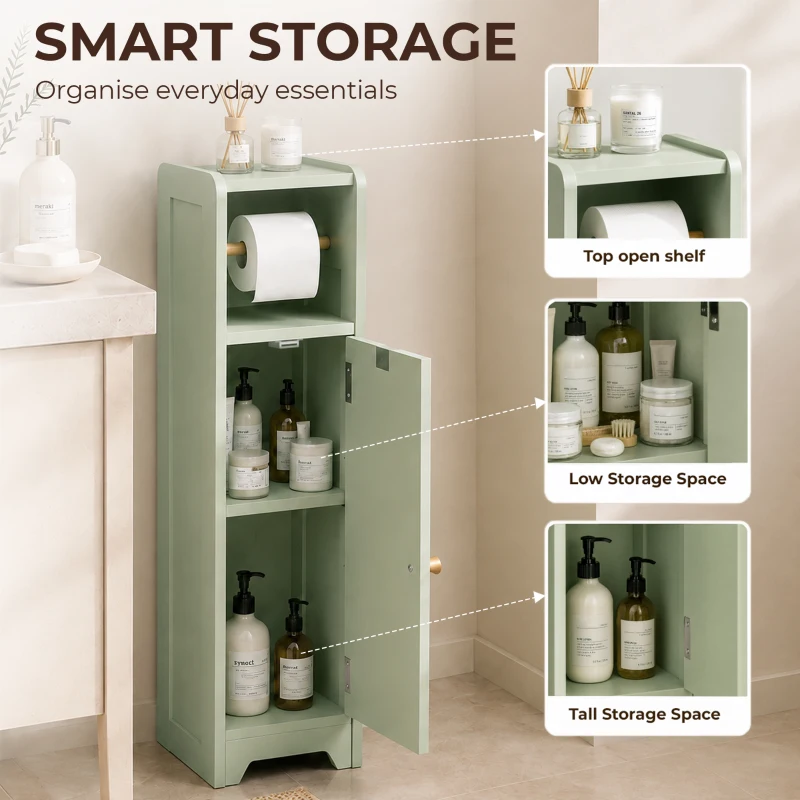 HOMCOM Small Bathroom Storage Cabinet with Toilet Roll Holder - Light Green