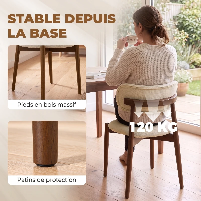 HOMCOM Lot de 2 Chaises Salle à Manger, Chaises de Cuisine en Chenille avec Dossier Incurvé, Assise Rembourrée, Beige