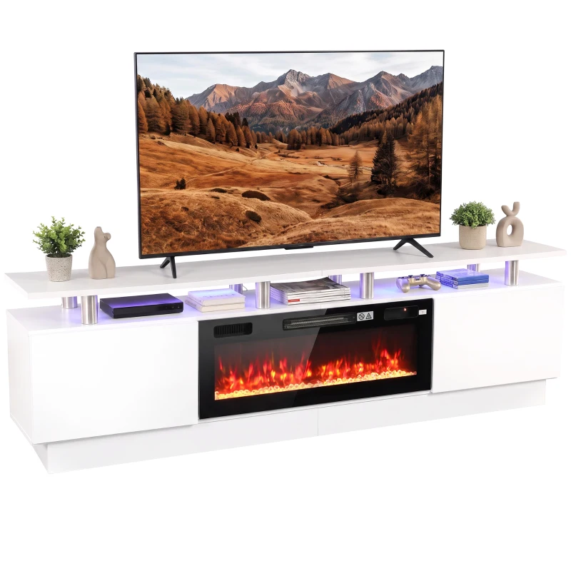 HOMCOM Meuble TV avec Cheminée Électrique 203cm avec Éclairage LED Fausse Cheminée Décorative 900/1800W Effet Flamme 3D Blanc