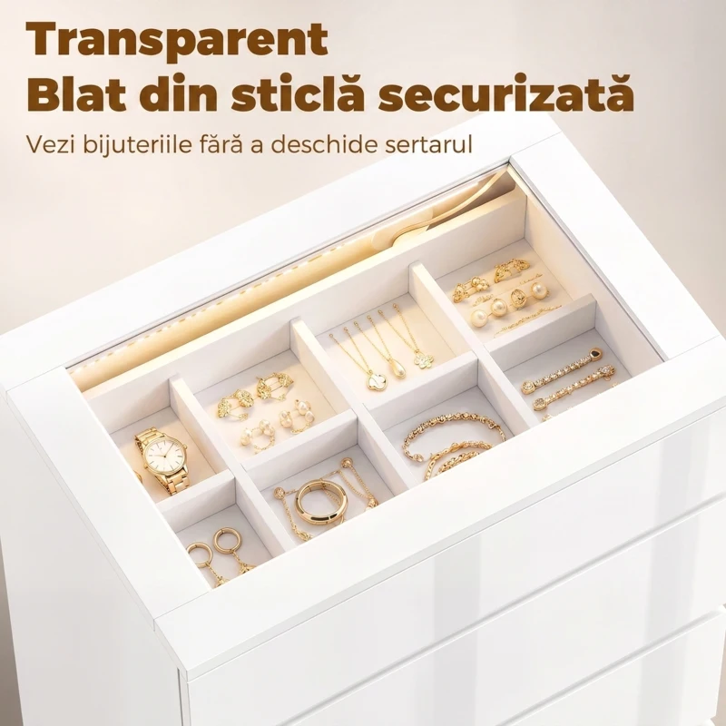HOMCOM Comodă Modernă cu 4 Sertare și Lumini LED, 60x40x90 cm, Albă