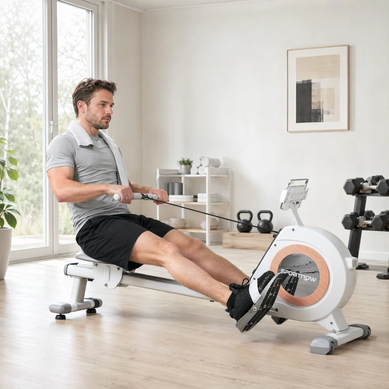 SPORTNOW Rameur magnétique 16 niveaux avec écran LCD et support de téléphone, rangement vertical, pour l'entraînement à domicile