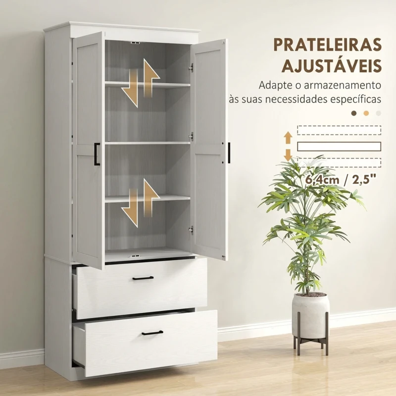 HOMCOM Armário Despenseiro de Cozinha Alto com 2 Gavetas, 2 Portas e Prateleiras Ajustáveis 75x39x178 cm Creme
