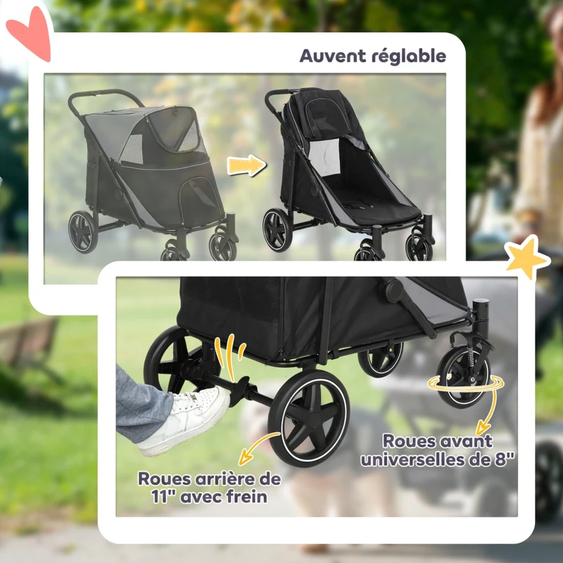 PawHut Poussette chien chariot pour chat 4 roues pliage en un clic laisse de sécurité charge 30 kg 112 x 67 x 100 cm noir