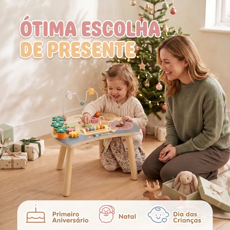 AIYAPLAY Mesa de Atividades em Madeira para Bebé 1-3 Anos, Montessori 6 em 1 com Engrenagens, Labirinto de Contas e Relógio