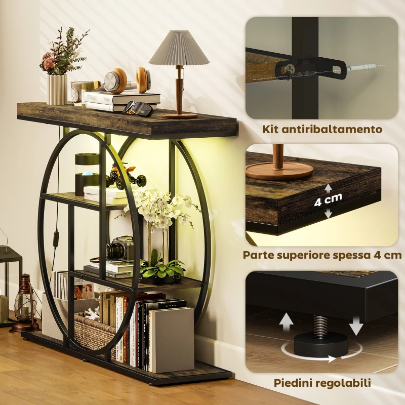 HOMCOM Consolle Ingresso Industriale Luci LED Regolabili, Controllo App, Piano Spesso, Telaio Circolare, Marrone Rustico