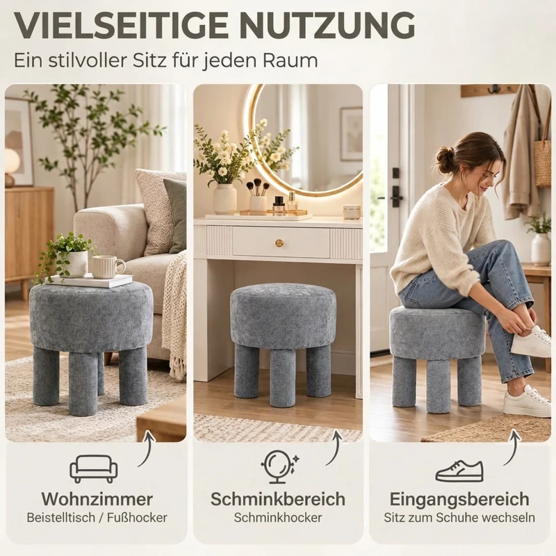 HOMCOM Fußhocker aus modernem Chenille Polsterhocker mit Holzbeinen 43 cm Hellgrau