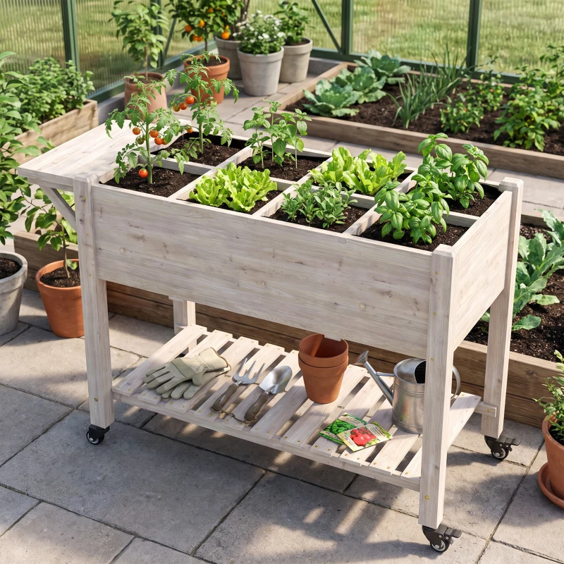 Outsunny Fioriera da Esterno a 8 Sezioni con Ripiano Laterale e Mensola in Legno di Abete, 123x54x87 cm, Legno