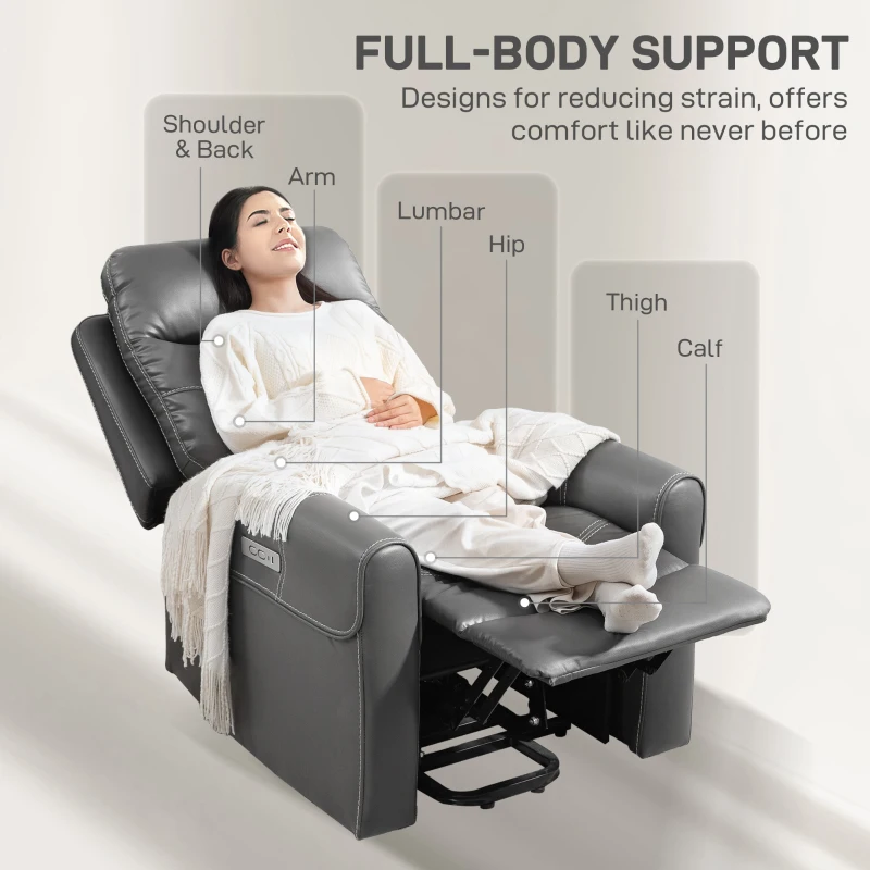 HOMCOM Power Lift Recliner Chair for Elderly, Overstuffed Faux Leather Riser and Reclining Chair with USB A+C Ports, Recliner Armchair for Living Room, Charcoal Grey