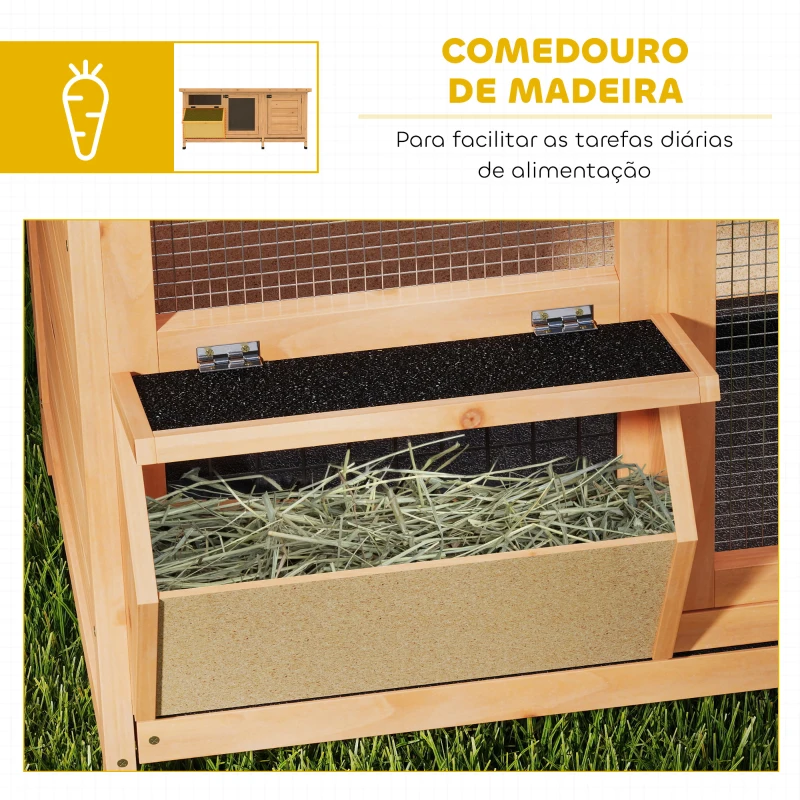 PawHut Coelheira de Madeira Gaiola para Coelhos com Telhado Asfáltico Rebatível Portas com Fecho Bandejas Removíveis 112x50x54 cm Amarelo
