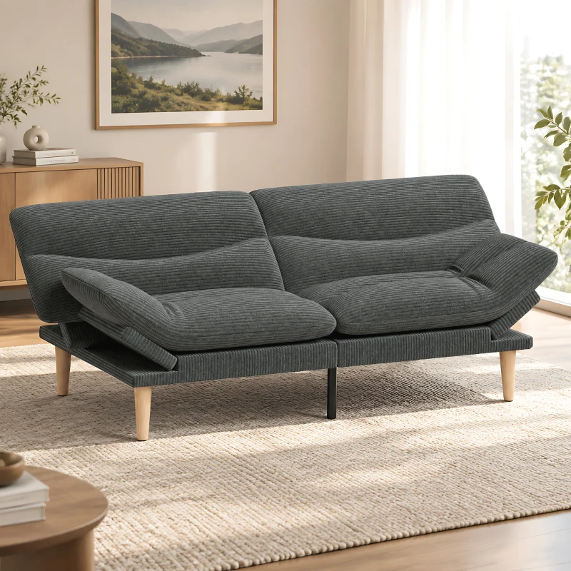 HOMCOM Canapé Convertible 2 Places 3 en 1, Canapé-Lit Clic Clac en Velours Côtelé 193 cm, Dossier et Accoudoirs Réglables, Gris