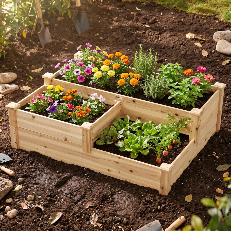 Outsunny Carré potager en bois jardinière extérieure en escalier 3 niveaux design sans fond 108 x 88 x 36 cm bois naturel