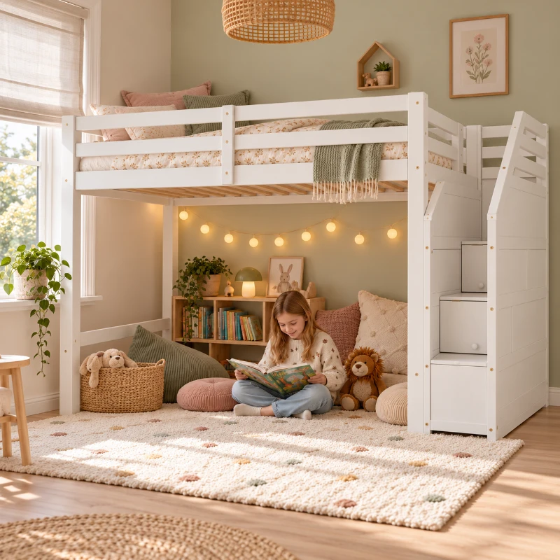 Hoogslaper voor matras 90×200 cm met vaste lattenbodem, rondom veiligheidshek en trap met geïntegreerde opbergruimte, draagvermogen 120 kg, wit