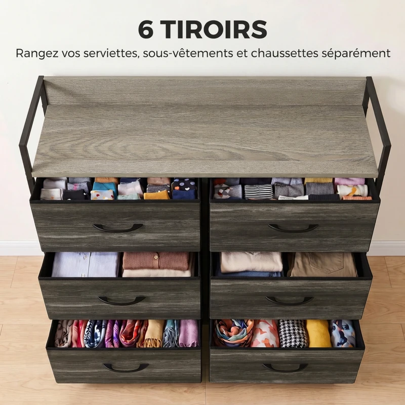 HOMCOM Commode, Meuble de Rangement pour Chambre, 6 Tiroirs en Tissu en Lin, Cadre en Acier, 80 x 29 x 85 cm, Gris