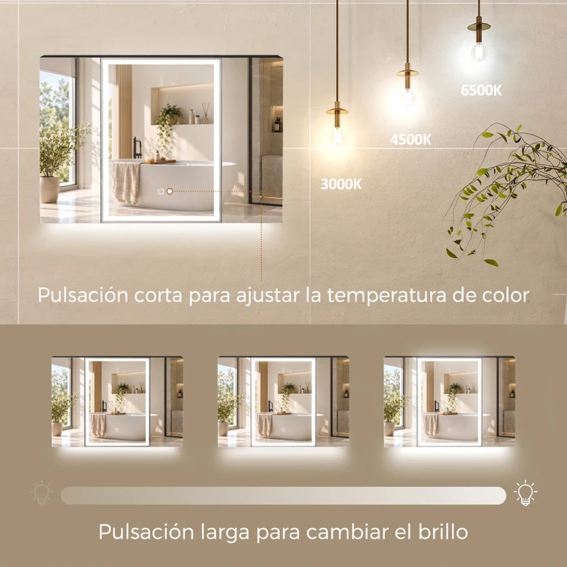 HOMCOM Armario de Baño con Espejo de LED Toma de Corriente 3 Puertas Antivaho Estantes Ajustables de Vidrio Templado Negro