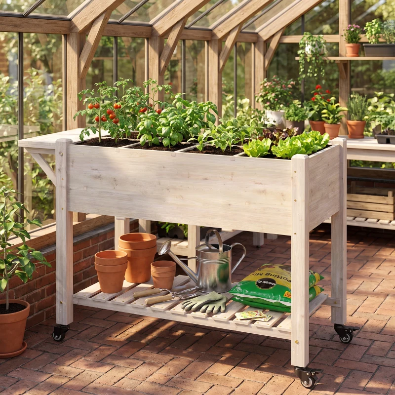 Outsunny Fioriera da Esterno a 8 Sezioni con Ripiano Laterale e Mensola in Legno di Abete, 123x54x87 cm, Legno