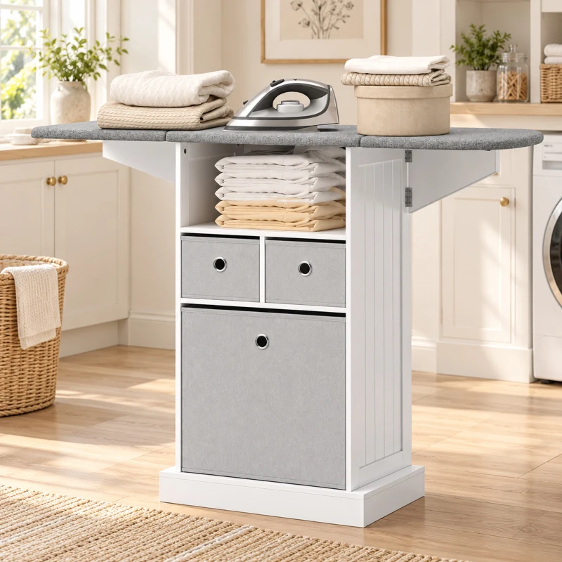 HOMCOM Mobile Asse da Stiro Pieghevole a Rotelle con Ripiano Aperto e 3 Cassetti, 121x37x89.5 cm, Bianco e Grigio