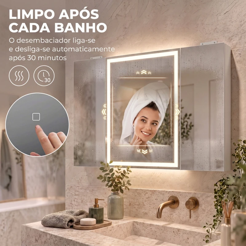 HOMCOM Armário de Casa de Banho com Espelho LED, Tomada Integrada, 3 Portas, Antiembaciamento e Prateleiras Ajustáveis em Vidro Temperado, Branco