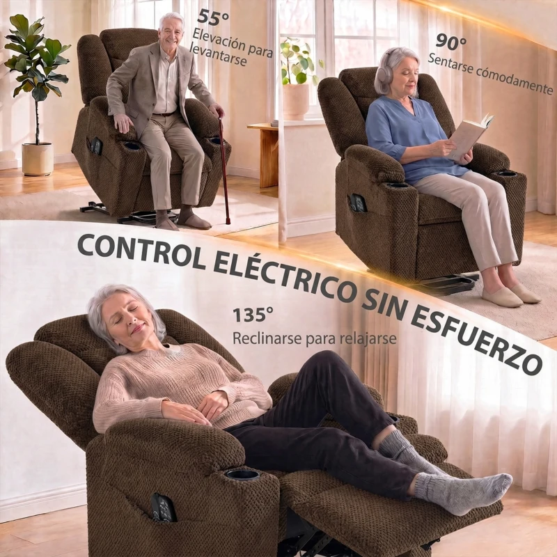 HOMCOM Sillón Relax Reclinable Eléctrico Levanta Personas Mayores con Masaje Calor Portavasos Mando Bolsillos Marrón Oscuro