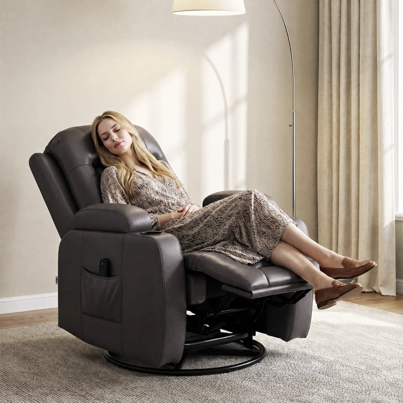 HOMCOM PU Leather Recliner Chair, Recliner Armchair with Extended Footrest, Cup Holders and Side Pockets, Dark Brown