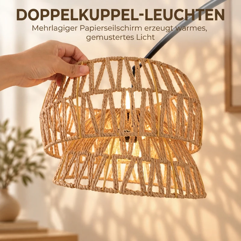 HOMCOM Bogen-Stehlampe mit doppeltem Papierseil-Schirm, Fußschalter, höhenverstellbar, Marmorfuß, Schwarz