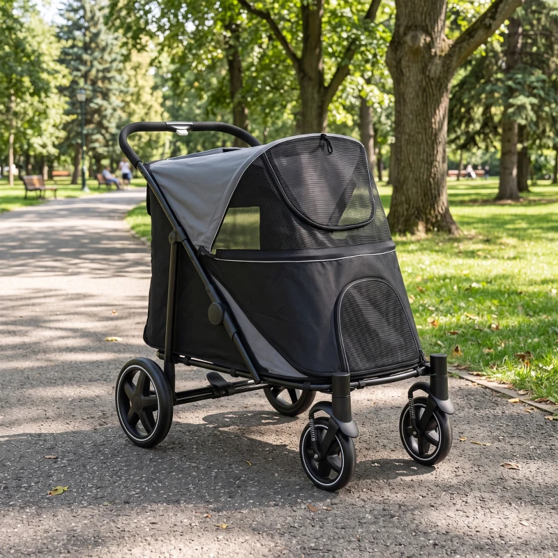PawHut Poussette chien chariot pour chat 4 roues pliage en un clic laisse de sécurité charge 30 kg 112 x 67 x 100 cm noir