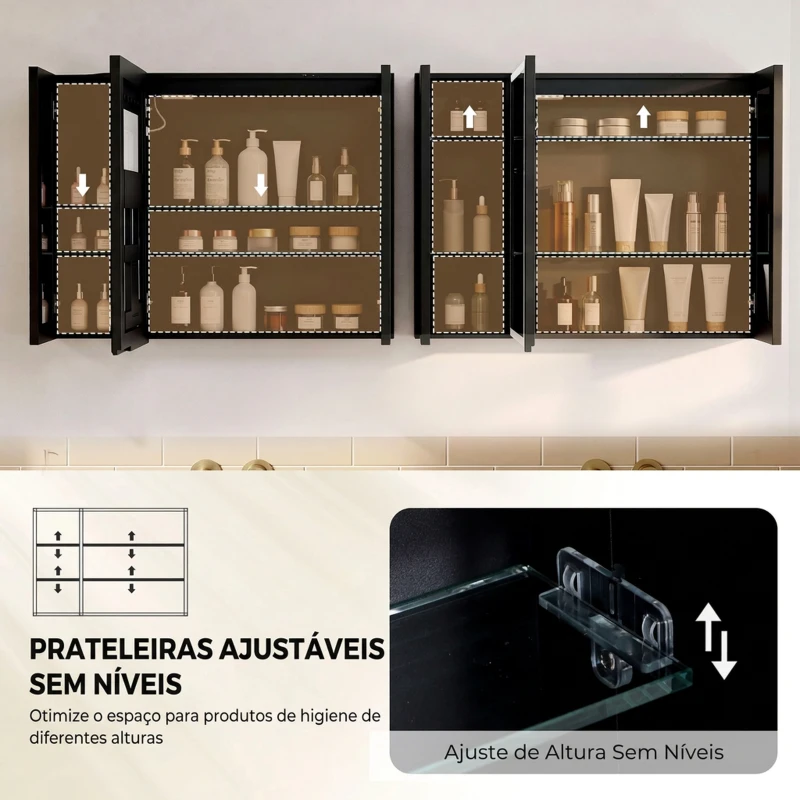 HOMCOM Armário de Casa de Banho com Espelho LED Tomada 3 Portas Antiembaciamento e Prateleiras Ajustáveis Preto