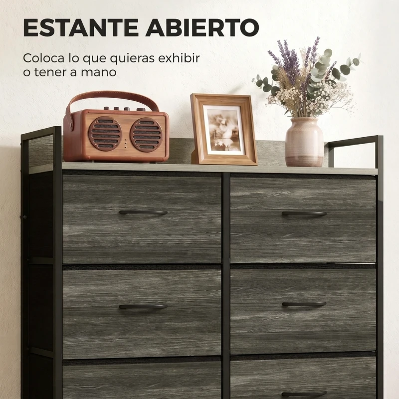 HOMCOM Cómoda con 6 Cajones Plegables Cajonera de Tela con Estructura de Acero Estilo Industrial 79x29x85 cm Gris