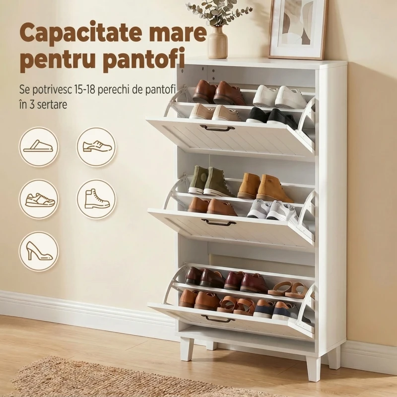 HOMCOM Dulap pentru încălțăminte, 3 sertare rabatabile, rafturi reglabile, îngust, Alb.