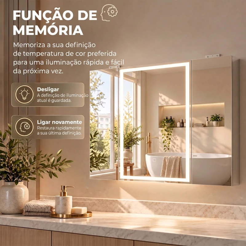 HOMCOM Armário de Casa de Banho com Espelho LED, Tomada Integrada, 3 Portas, Antiembaciamento e Prateleiras Ajustáveis em Vidro Temperado, Branco