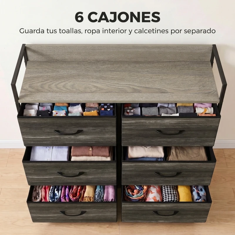 HOMCOM Cómoda con 6 Cajones Plegables Cajonera de Tela con Estructura de Acero Estilo Industrial 79x29x85 cm Gris