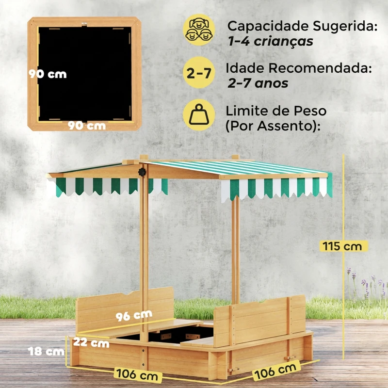 Outsunny Caixa de Areia para Crianças de Madeira com Toldo Ajustável em Altura 2 Bancos e Encostos para Jardim 106x106x121 cm Natural