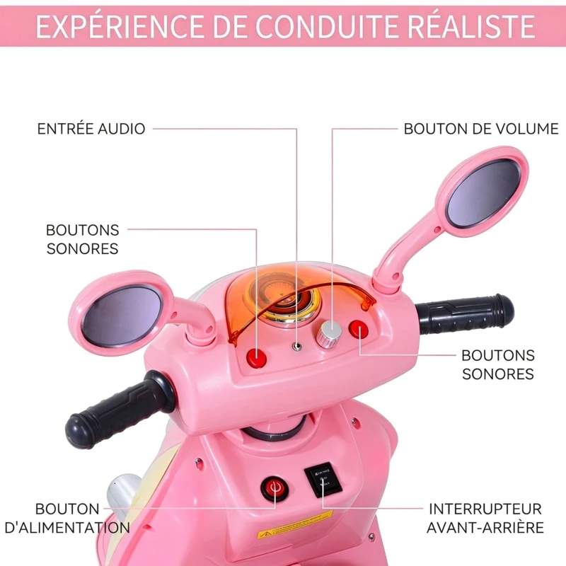 HOMCOM® Scooter électrique pour Enfant 3 Ans 6 V Métal + polypropylène 108 x 51 x 75 cm Rose/Blanc(m-5)