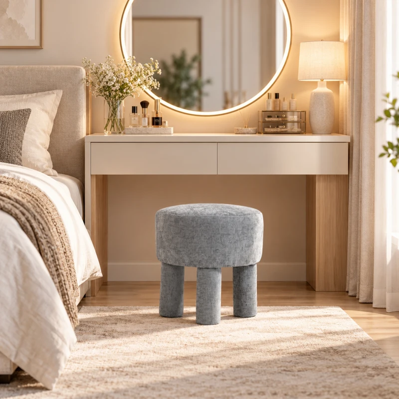 HOMCOM Fußhocker aus modernem Chenille Polsterhocker mit Holzbeinen 43 cm Hellgrau
