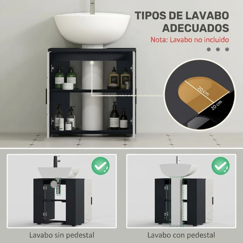 kleankin Mueble Bajo Lavabo con 2 Puertas y Estante Ajustable Armario de Baño para Lavabo con Pedestal 60x30x60 cm Gris Claro