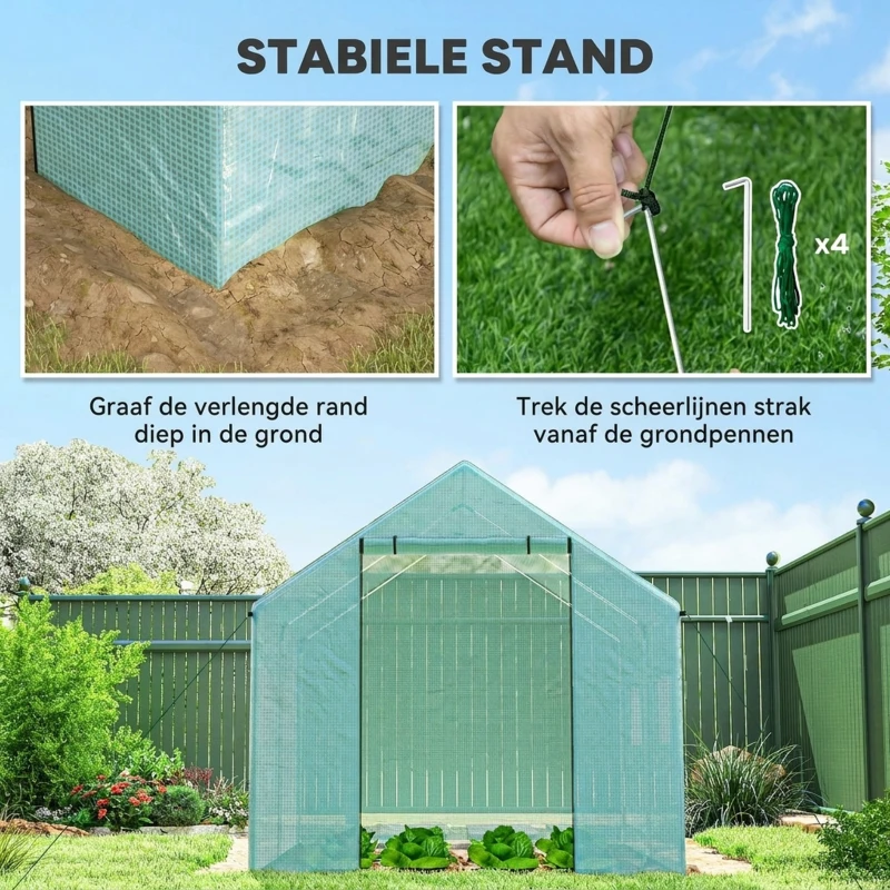 Outsunny Tunnelkas, oprolbare deur en ramen, verzinkt stalen frame, 2x3x2m, Groen