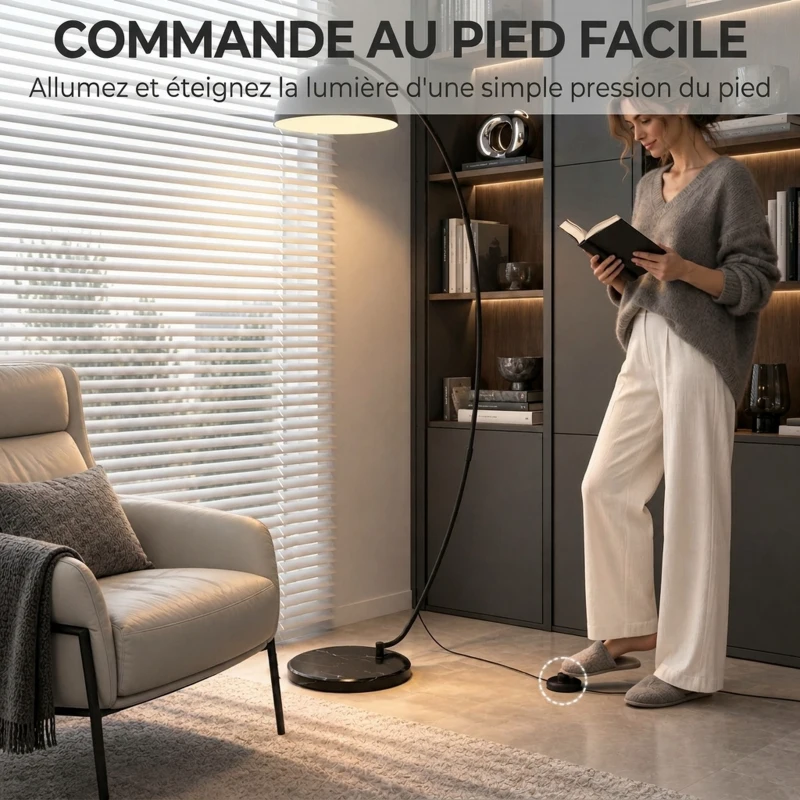 HOMCOM Lampadaire en C, Lampe Sur Pied Salon 178H cm, Abat‑Jour Réfléchissant, Interrupteur au Pied, Base en Marbre, Noir