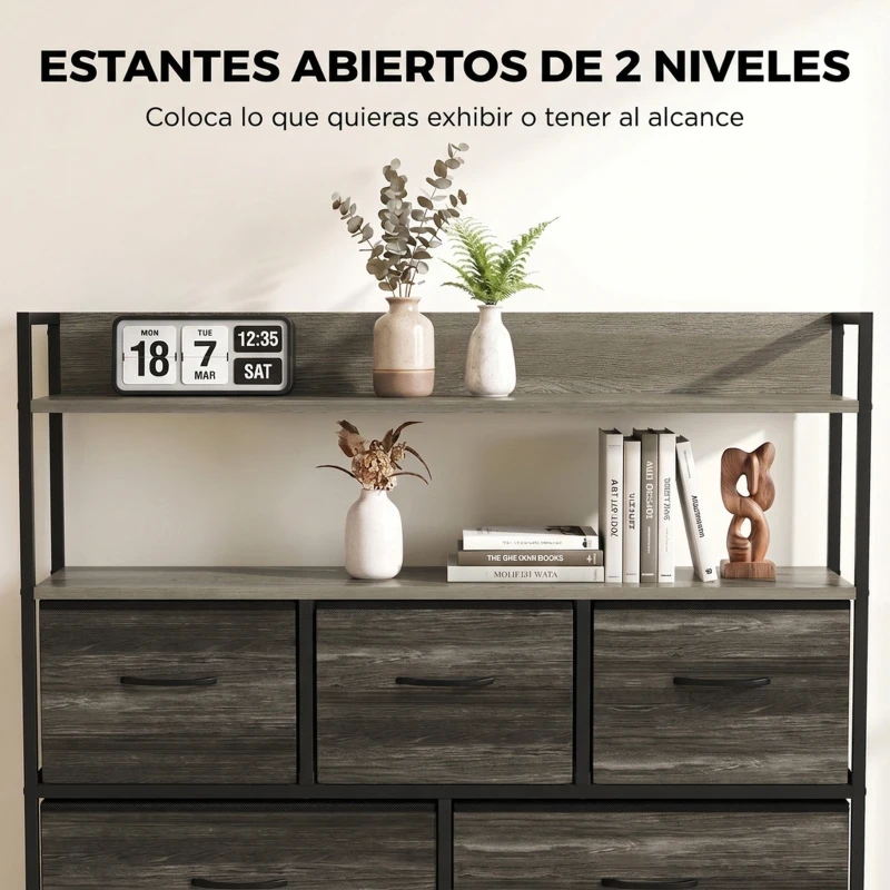 HOMCOM Cajonera de Tela Cómoda de Dormitorio con 5 Cajones y Estantes Estructura de Acero Estilo Industrial Gris