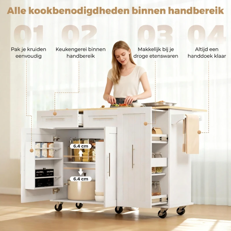 HOMCOM Verrijdbaar keukeneiland, uitschuifbaar werkblad, kastdeuren, lades, handdoekhouder, keukentrolley van MDF, Wit(m-4)