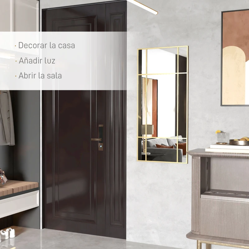 HOMCOM Espejo Rectangular de Pared Espejo de Ventana 110x50cm con Marco Metal Espejo Decorativo para Salón Dormitorio Dorado