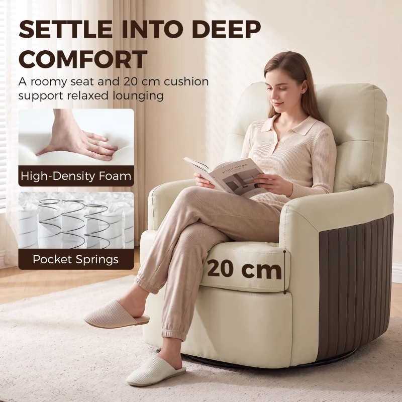HOMCOM 360° Swivel Accent Chair, Modern Armchair with Thick Cushion, PU Leather Upholstered, Cream White