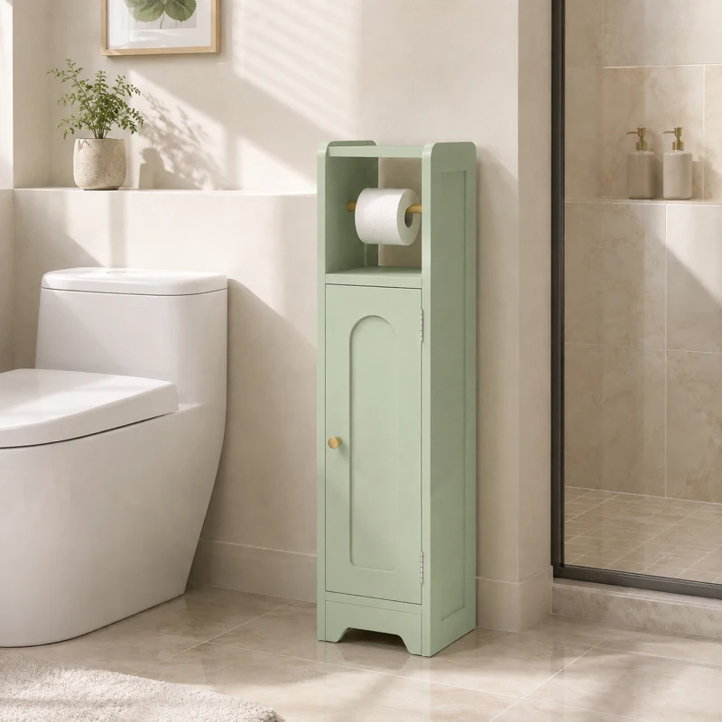 HOMCOM Small Bathroom Storage Cabinet with Toilet Roll Holder - Light Green