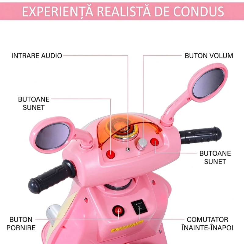 Homcom Motoreta Tricicleta Electrica pentru Fetite 6V cu Lumini si Muzica, Roz(m-5)