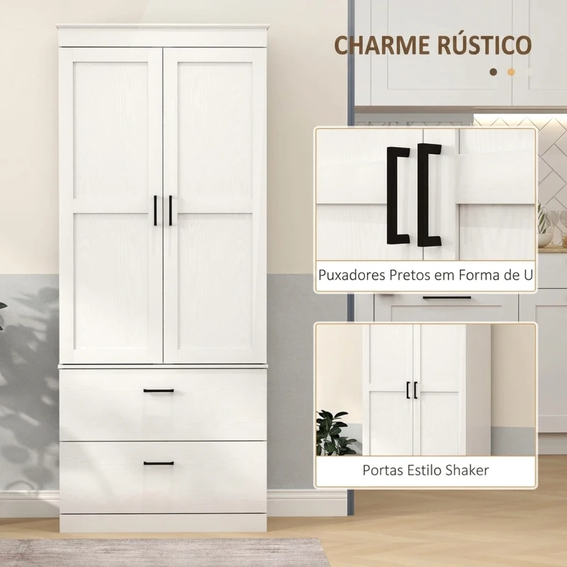 HOMCOM Armário Despenseiro de Cozinha Alto com 2 Gavetas, 2 Portas e Prateleiras Ajustáveis 75x39x178 cm Creme