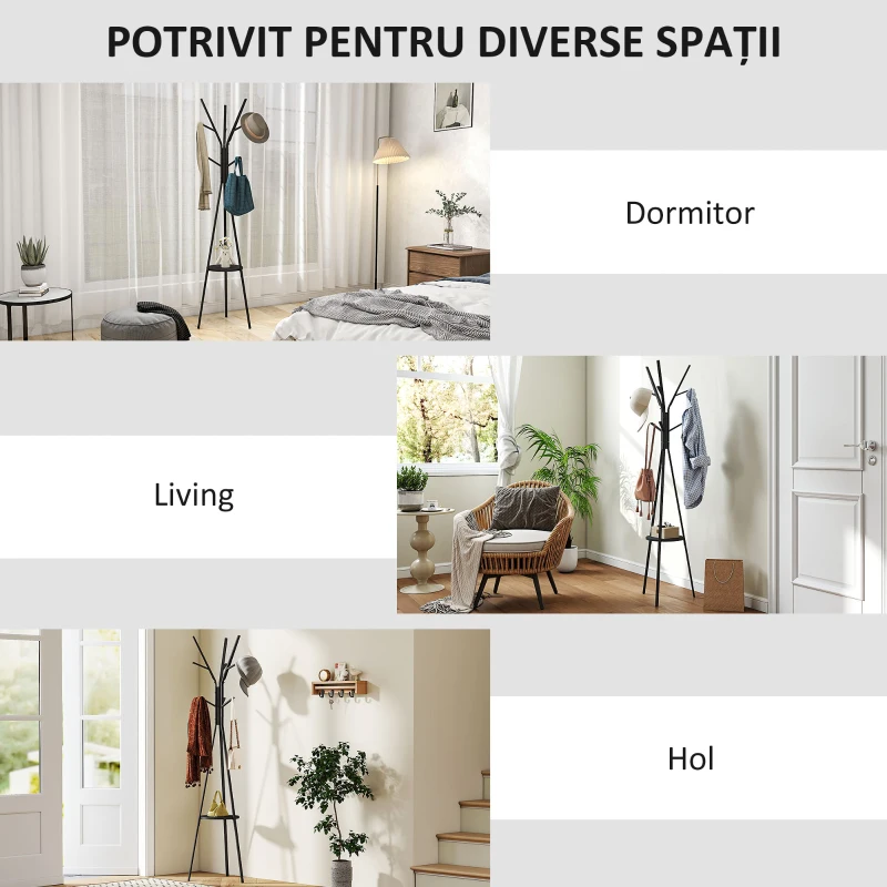 HOMCOM Cuier Vertical Modern de Podea pentru Hol, 45x45x180cm, Negru
