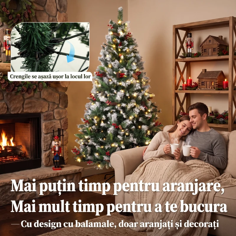 HOMCOM Brad de Crăciun Nins 180 cm, 250 LED-uri Bicolore, Telecomandă, 11 Moduri, 840 Ramuri, Conuri, Bobițe Roșii