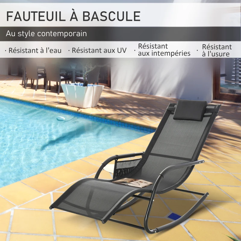 Outsunny Chaise Longue à Bascule - Rocking Chair - tétière Amovible, accoudoirs, Pochette Rangement - métal époxy textilène