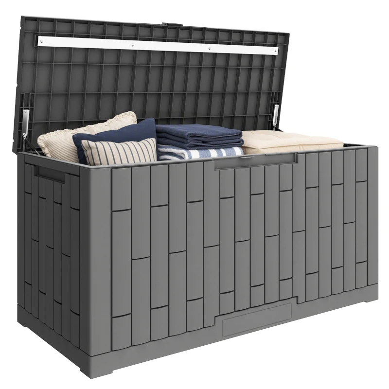 Outsunny Gartenbox 379 Liter Wasserdicht Abschließbar UV-beständig Auflagenbox mit Holzoptik für Garten 122,5x56x62cm Grau
