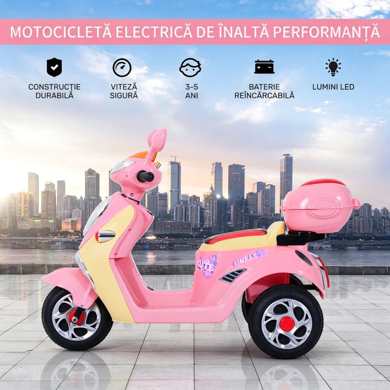 Homcom Motoreta Tricicleta Electrica pentru Fetite 6V cu Lumini si Muzica, Roz(m-4)